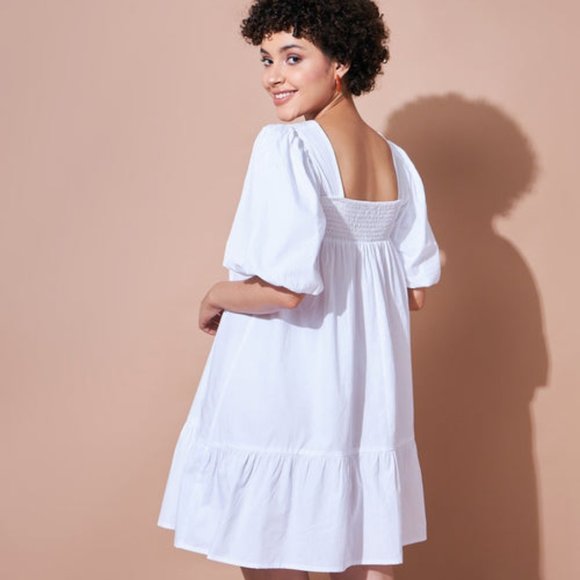 White Cotton Poplin Puff Sleeves Tiered Dress, - Picture 8 of 8